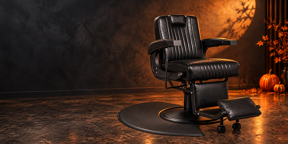 MYS 8831 barber chair and a curved barber mat in a warm Halloween setting
