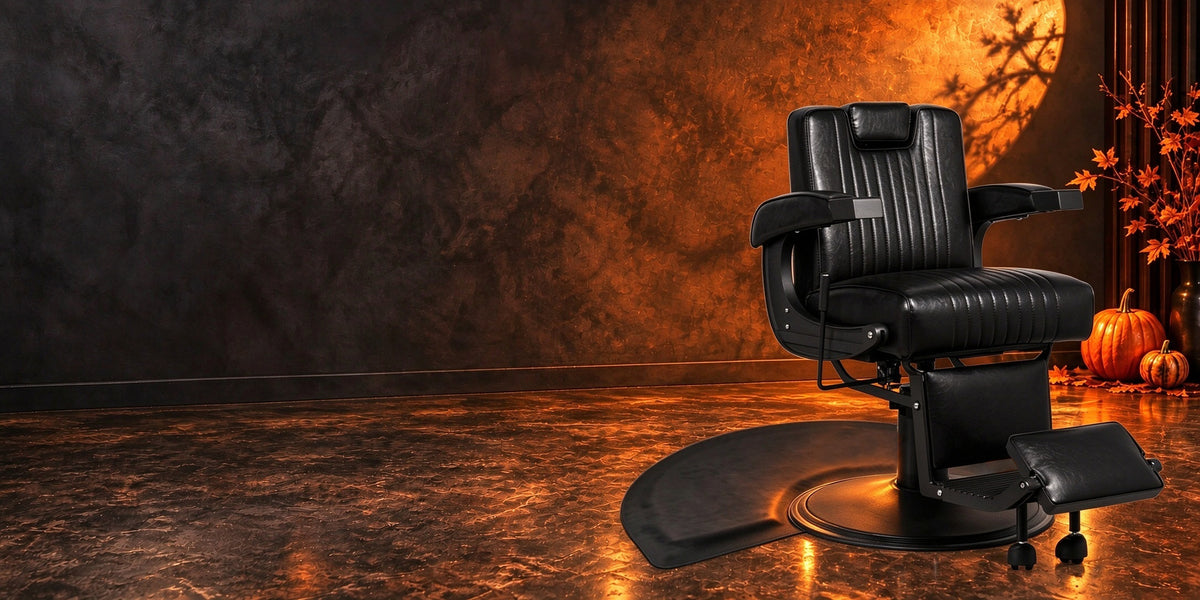 MYS 8831 barber chair and a curved barber mat in a warm Halloween setting