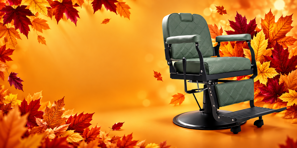 Green MYS 8821 barber chair surrounded by golden, orange and red autumn maple leaves.