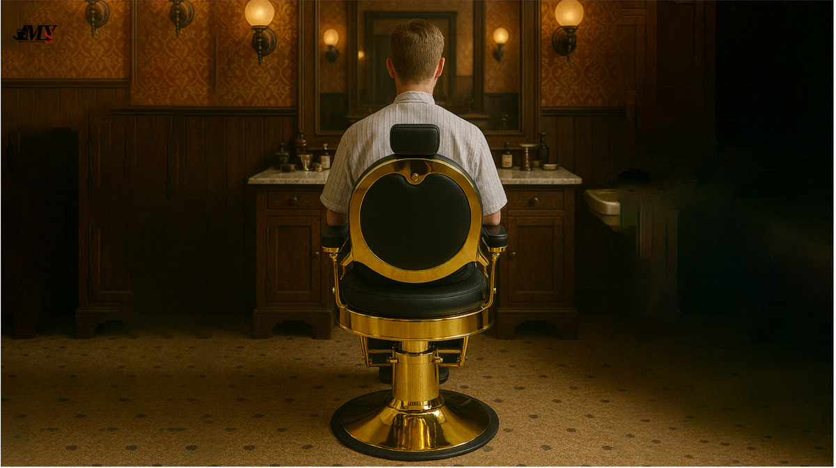 A gold MYS barber chair in a warm wood-paneled salon