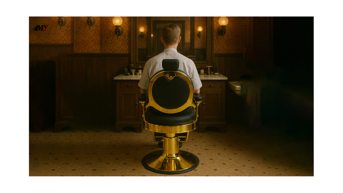 A gold MYS barber chair in a warm wood-paneled salon
